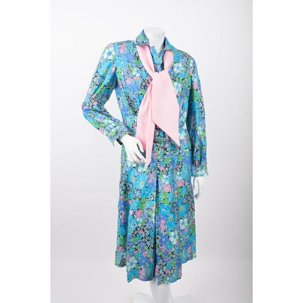 Ann Cordes Dressmaker Vintage Secretary Dress Blue Floral Kitten Bow Scarf Belt